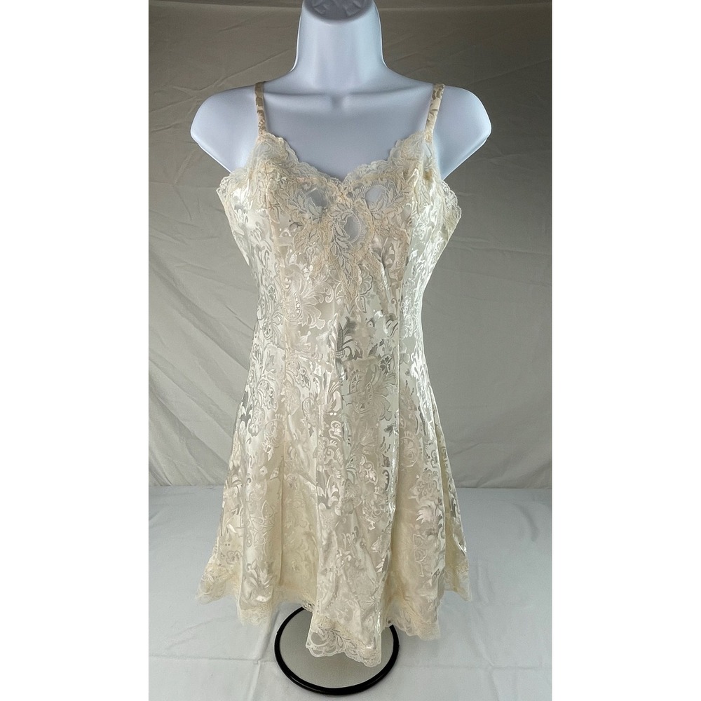 Vintage Cream Floral Jacquard Lace Trim Chemise Slip Dress Nightgown